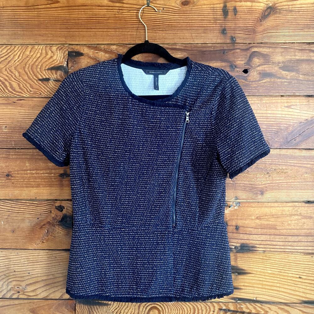 BCBG Maxazria navy tweed peplum panel top